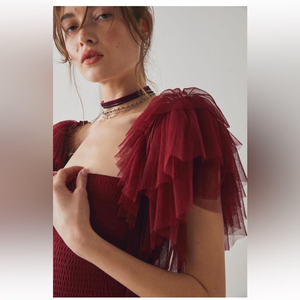 Free People Burgundy Bodysuit with Ruffle Sleeves